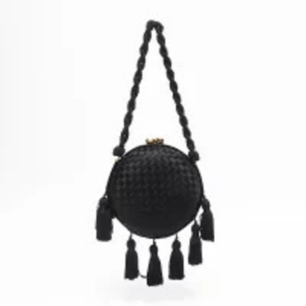 Bottega Veneta Intrecciato Satin Fringe Handbag Black